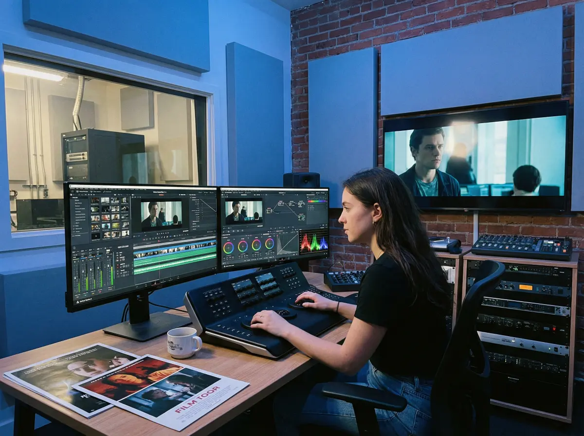 年轻剪辑师在后期工作室工作的 天女酷刑 故事